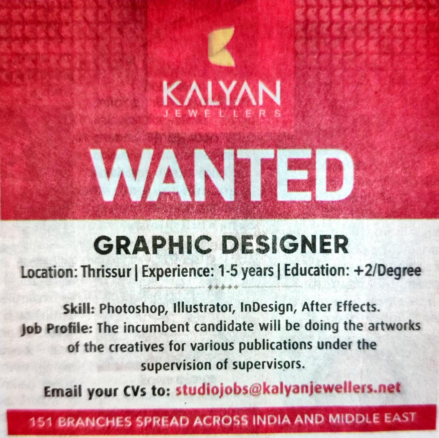 Kalyan Jewellers Job Vacancies 2022 in Thrissur