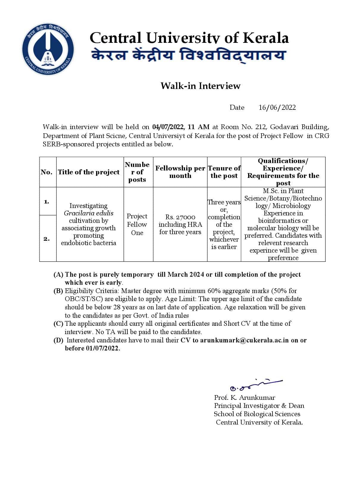 WALK IN INTERVIEW FOR THE POST OF PROJECT FELLOW IN THE DEPARTMENT OF PLANT SCIENCE